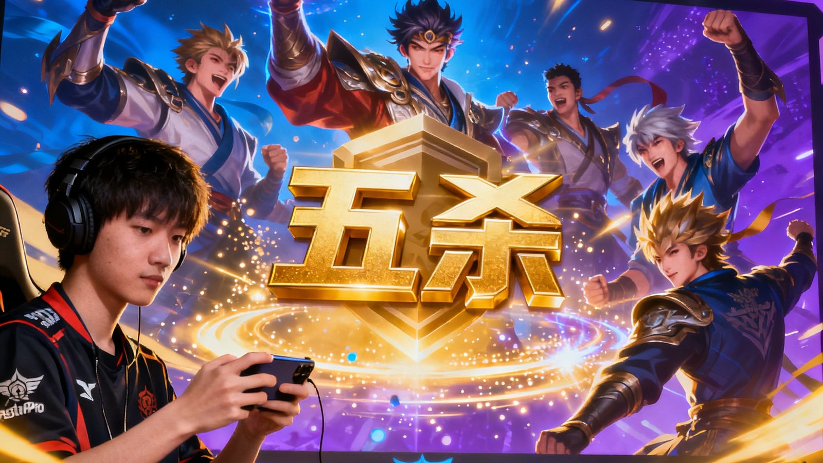 王者荣耀KPL春季赛eStarPro战队花海使用裴擒虎拿下五杀，屏幕出现五杀特效，队友欢呼。